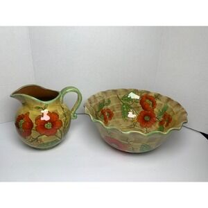Poppies Ceramic Pitcher & Scalloped Wash Basin/Bowl Set Rustic Aesthetic Style